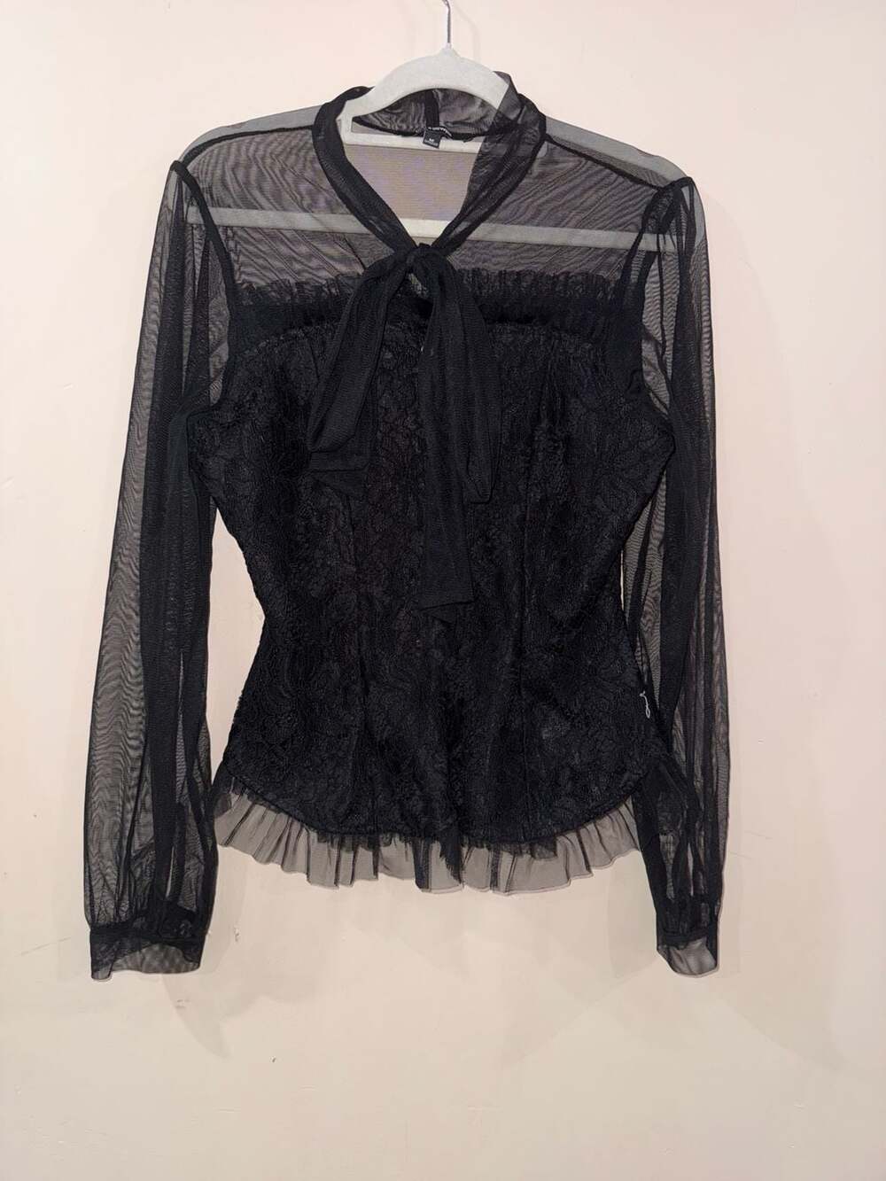 Ups & Downs Blouse Size M Black Mesh Lace Long Sleeve Tie Neck Top